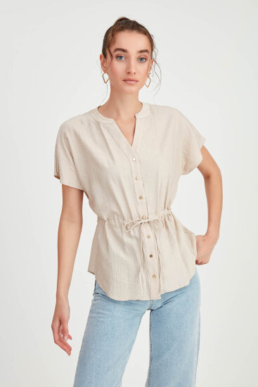 Beli Büzgülü Düğmeli Salaş Bluz - 40