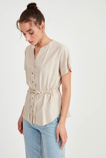 Beli Büzgülü Düğmeli Salaş Bluz - 42