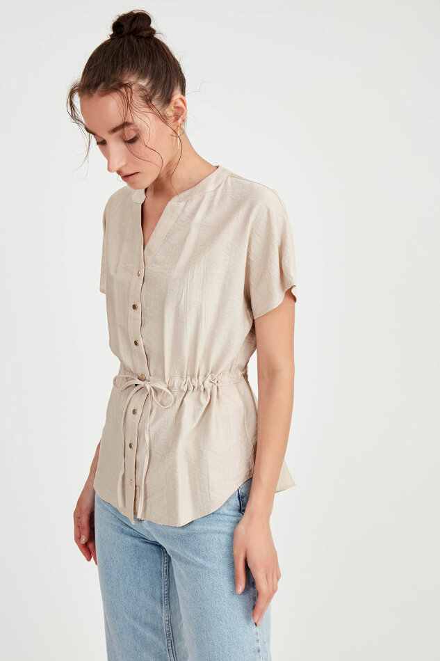 Beli Büzgülü Düğmeli Salaş Bluz - 42