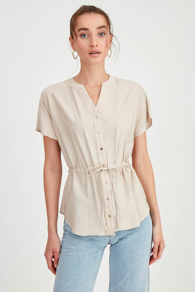 Beli Büzgülü Düğmeli Salaş Bluz - 38