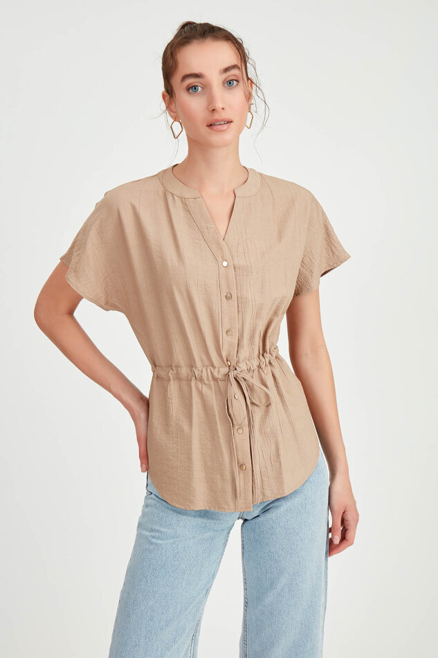 Beli Büzgülü Düğmeli Salaş Bluz - 44