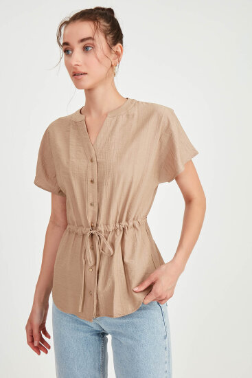 Beli Büzgülü Düğmeli Salaş Bluz - 46