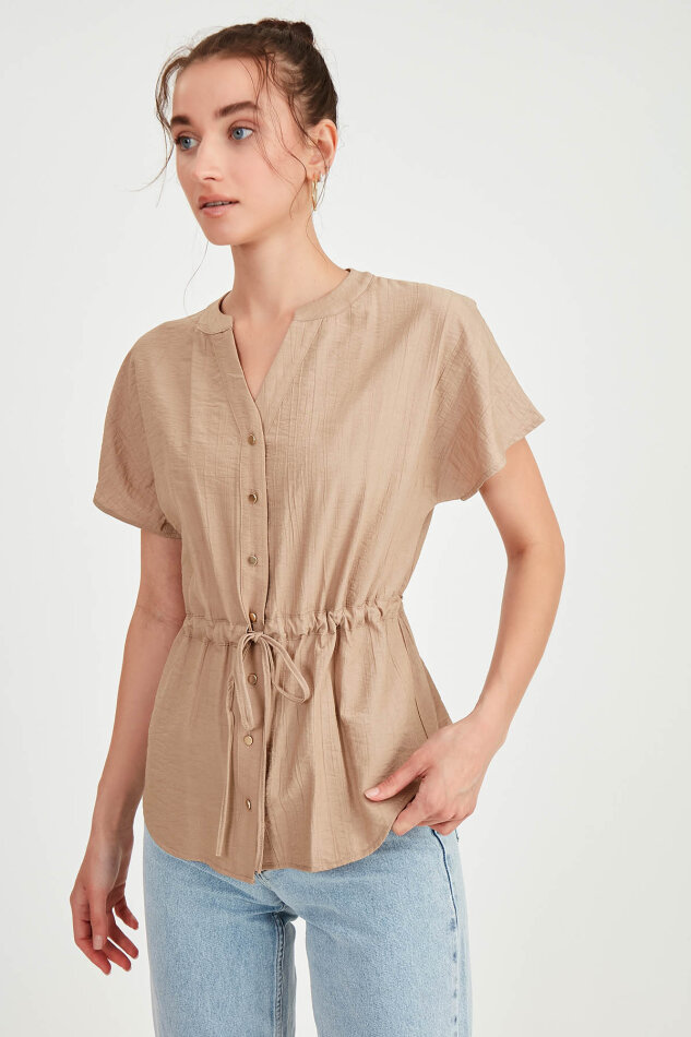 Beli Büzgülü Düğmeli Salaş Bluz - 46