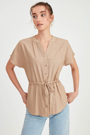 Beli Büzgülü Düğmeli Salaş Bluz - 48