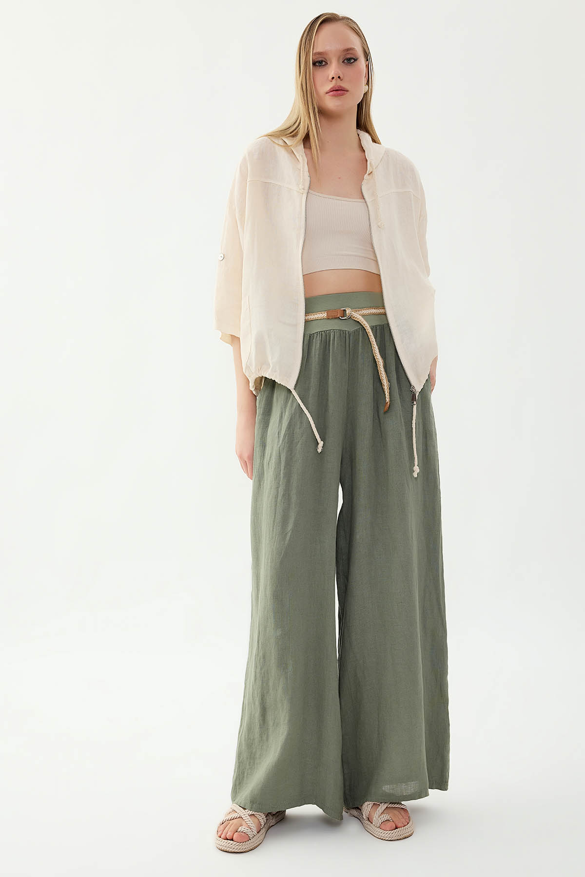 %100 Keten Halat Kemerli Geniş Paça Pantolon - Thumbnail