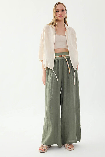 %100 Keten Halat Kemerli Geniş Paça Pantolon - 2