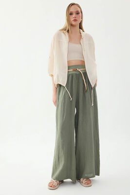 %100 Keten Halat Kemerli Geniş Paça Pantolon (1)