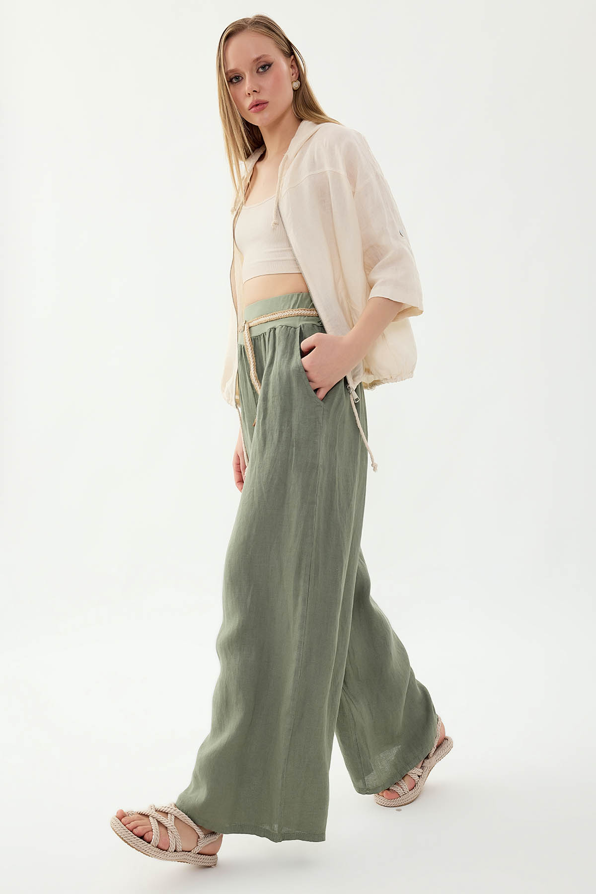 %100 Keten Halat Kemerli Geniş Paça Pantolon - Thumbnail