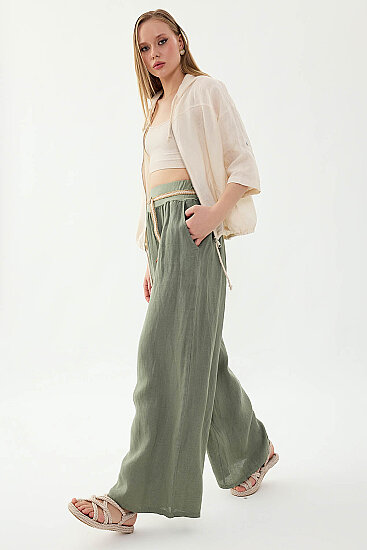 %100 Keten Halat Kemerli Geniş Paça Pantolon - 3