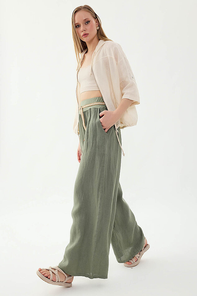 %100 Keten Halat Kemerli Geniş Paça Pantolon - 3