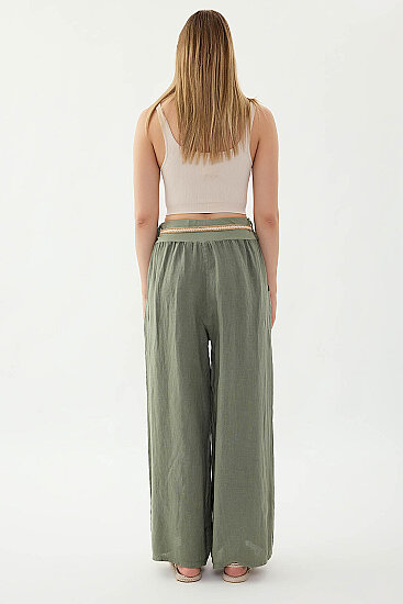 %100 Keten Halat Kemerli Geniş Paça Pantolon - 4