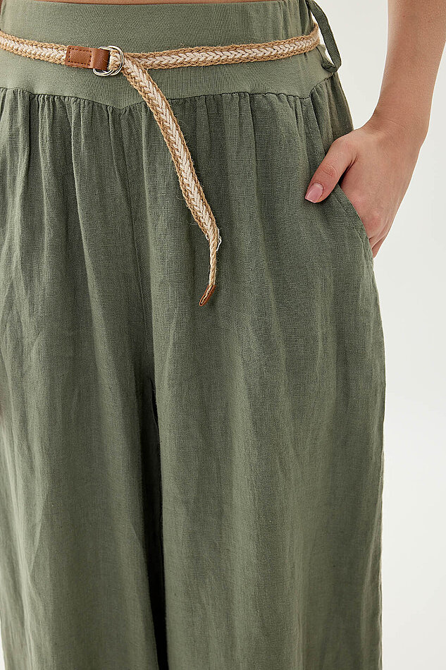 %100 Keten Halat Kemerli Geniş Paça Pantolon - 5