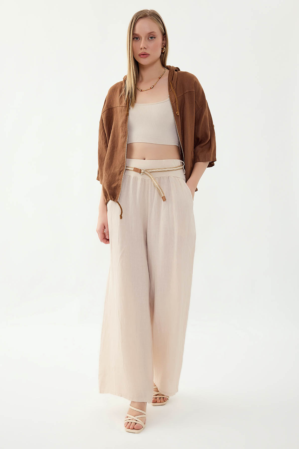 %100 Keten Halat Kemerli Geniş Paça Pantolon - Thumbnail