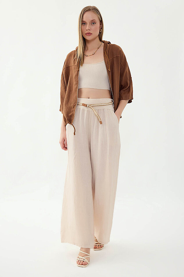 %100 Keten Halat Kemerli Geniş Paça Pantolon - 7