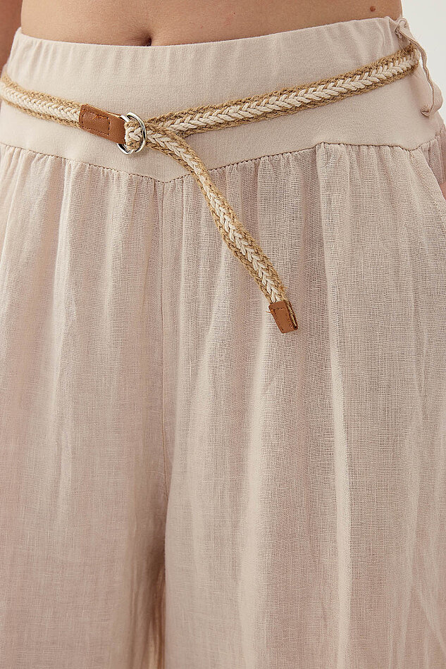 %100 Keten Halat Kemerli Geniş Paça Pantolon - 9