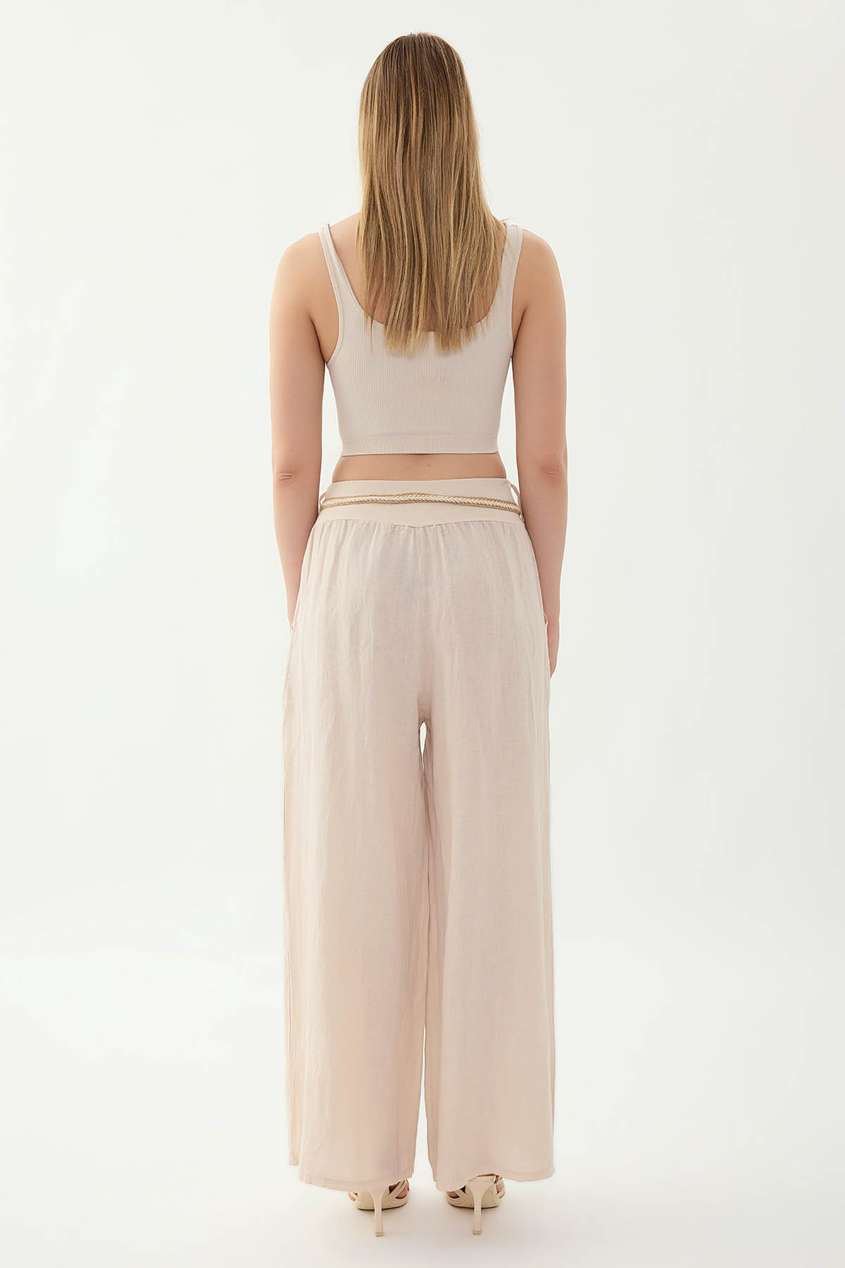 %100 Keten Halat Kemerli Geniş Paça Pantolon - Thumbnail