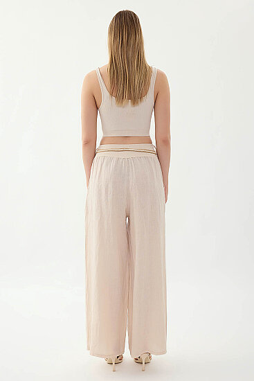 %100 Keten Halat Kemerli Geniş Paça Pantolon - 10