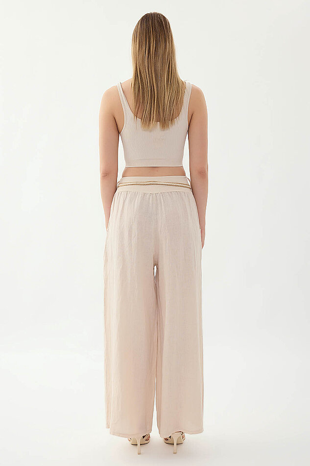 %100 Keten Halat Kemerli Geniş Paça Pantolon - 10