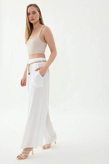 %100 Keten Halat Kemerli Geniş Paça Pantolon - 13