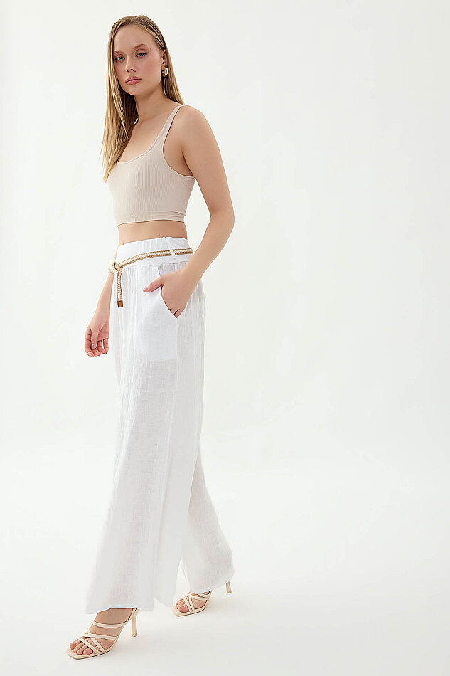 %100 Keten Halat Kemerli Geniş Paça Pantolon - 13