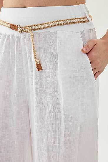 %100 Keten Halat Kemerli Geniş Paça Pantolon - 14