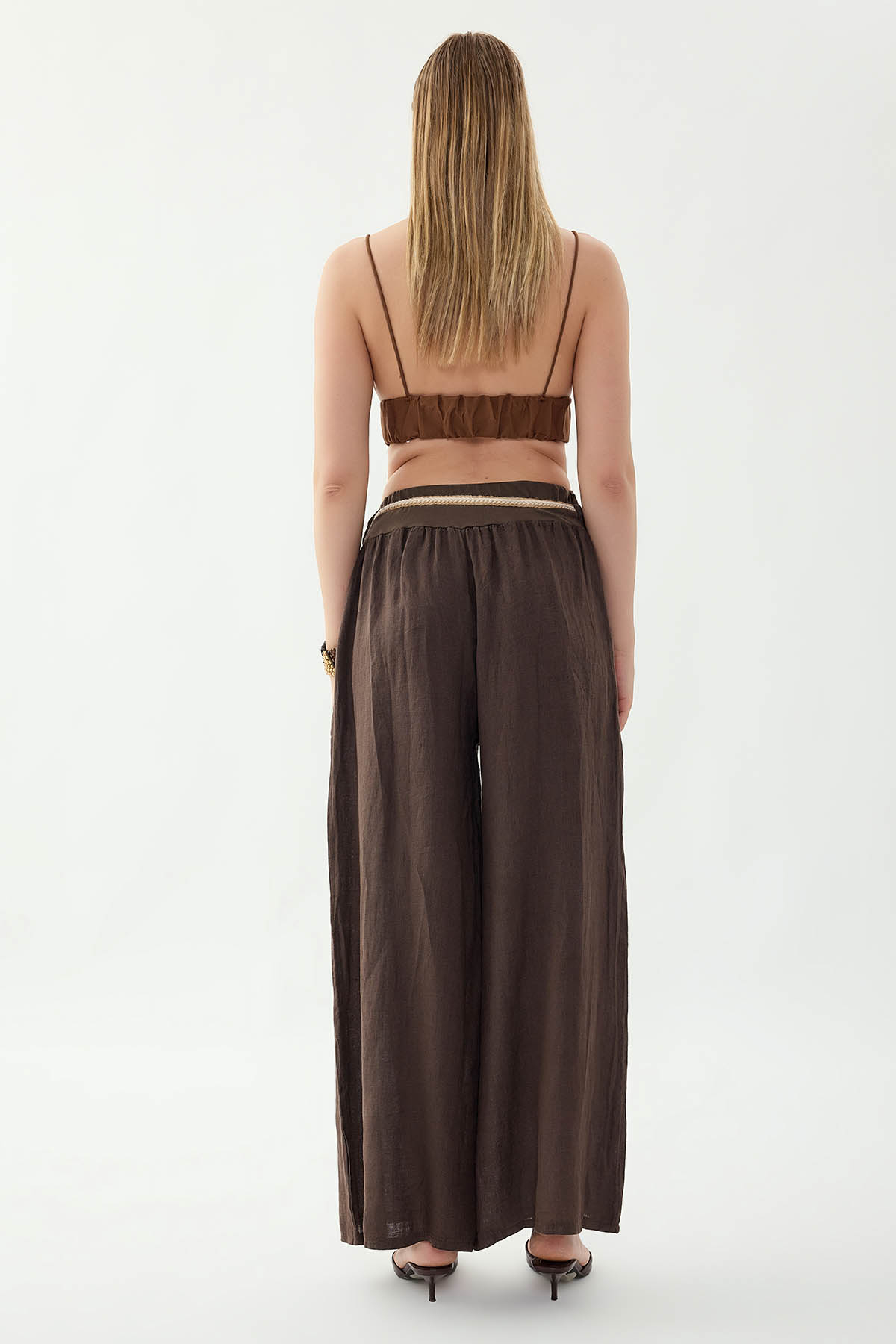 %100 Keten Halat Kemerli Geniş Paça Pantolon - Thumbnail