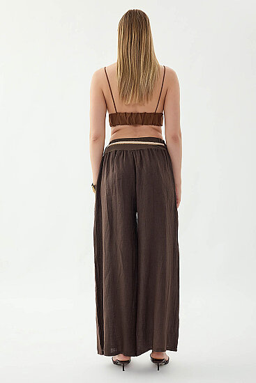 %100 Keten Halat Kemerli Geniş Paça Pantolon - 18