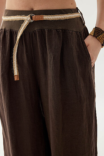 %100 Keten Halat Kemerli Geniş Paça Pantolon - 19