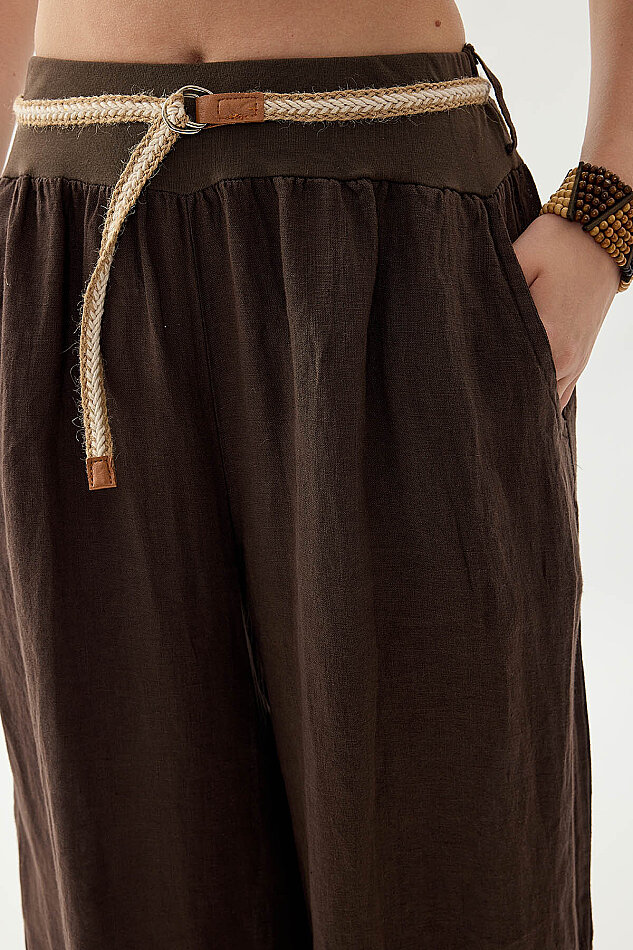%100 Keten Halat Kemerli Geniş Paça Pantolon - 19
