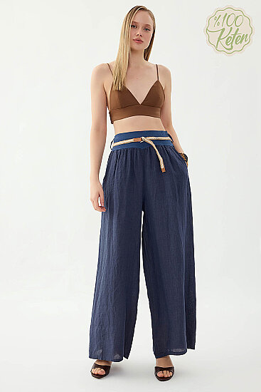 %100 Keten Halat Kemerli Geniş Paça Pantolon - 20