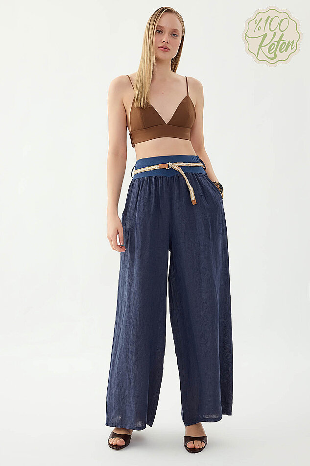 %100 Keten Halat Kemerli Geniş Paça Pantolon - 20