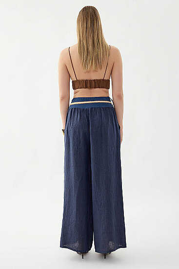 %100 Keten Halat Kemerli Geniş Paça Pantolon - 23