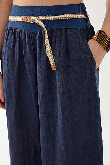 %100 Keten Halat Kemerli Geniş Paça Pantolon - 24