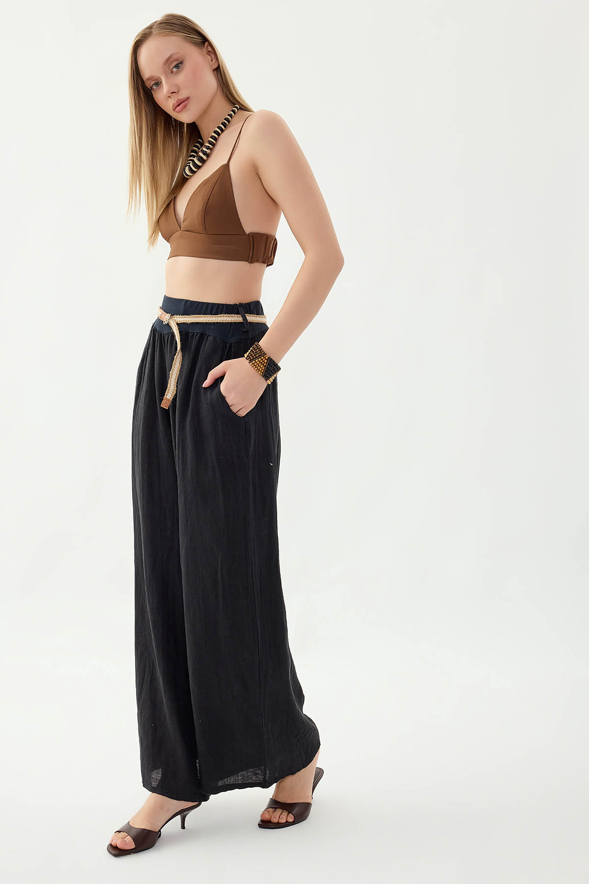 %100 Keten Halat Kemerli Geniş Paça Pantolon - Thumbnail