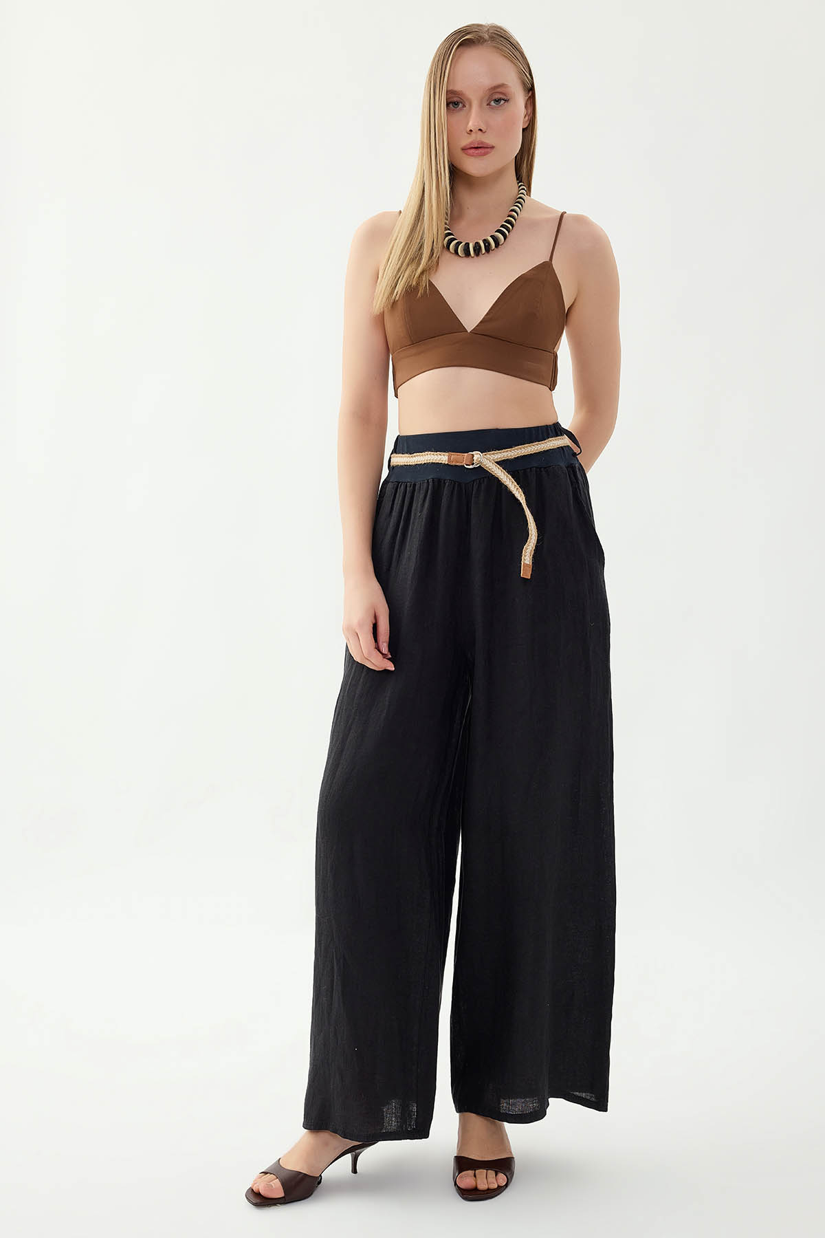 %100 Keten Halat Kemerli Geniş Paça Pantolon - Thumbnail