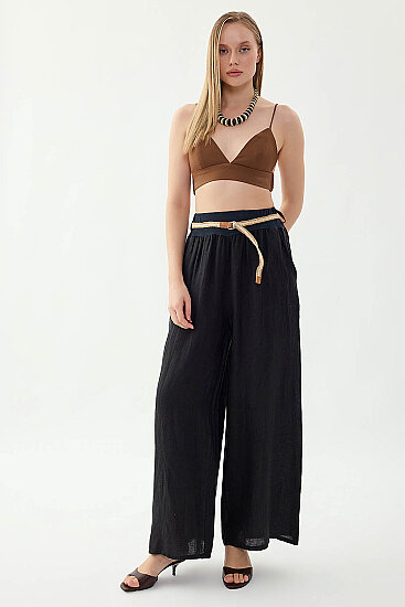 %100 Keten Halat Kemerli Geniş Paça Pantolon - 27