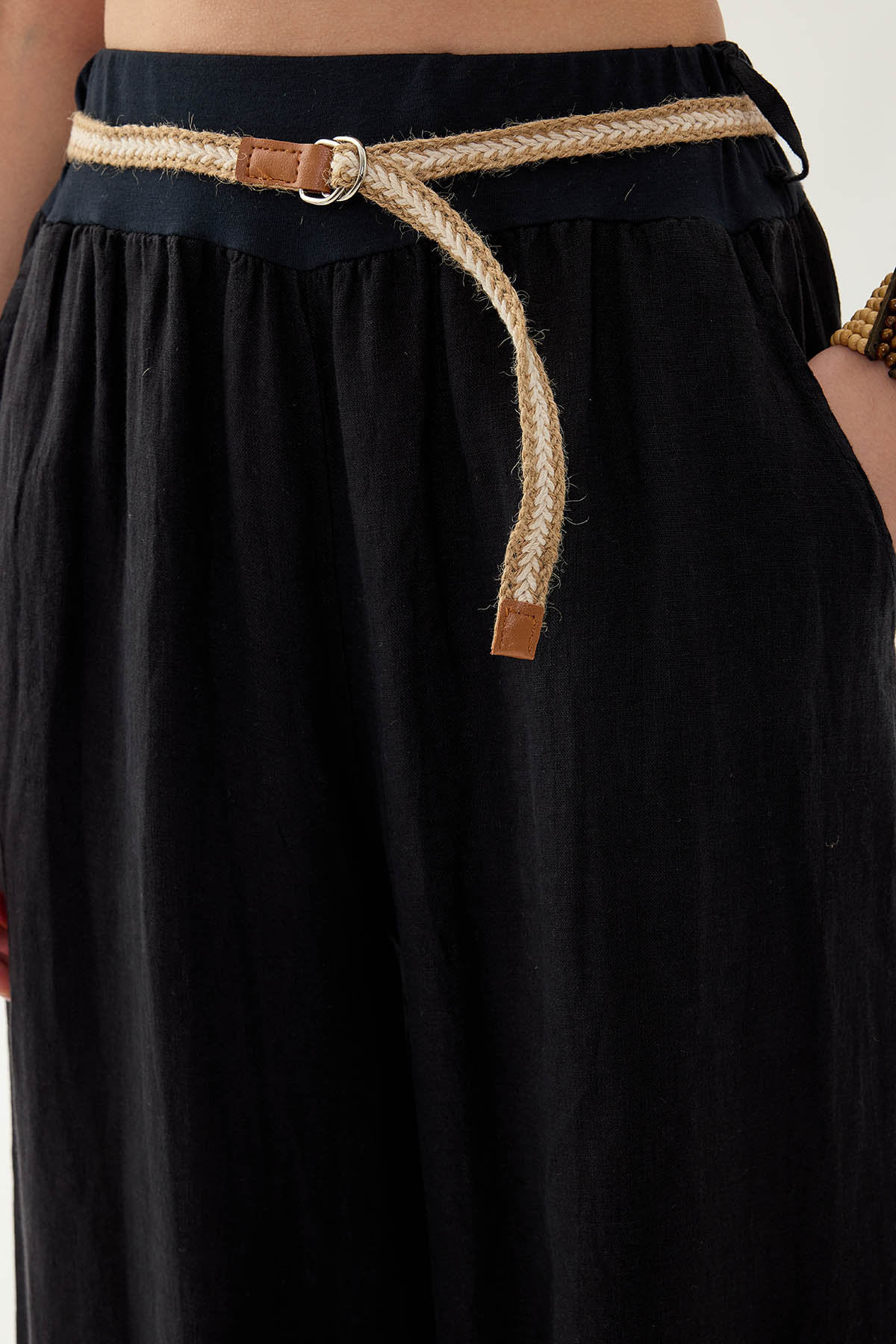 %100 Keten Halat Kemerli Geniş Paça Pantolon - Thumbnail