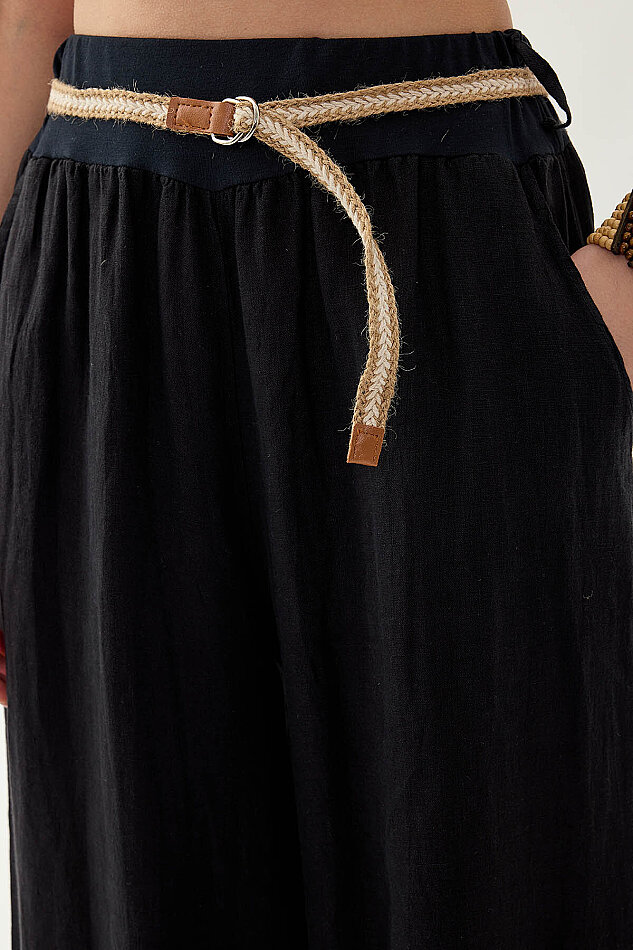 %100 Keten Halat Kemerli Geniş Paça Pantolon - 30