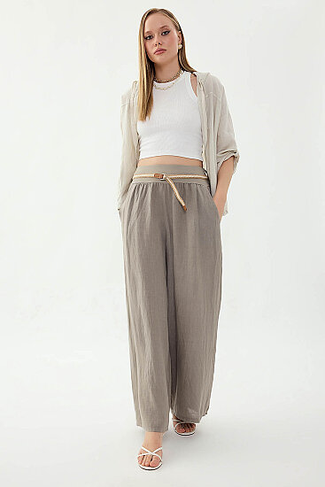 %100 Keten Halat Kemerli Geniş Paça Pantolon - 33