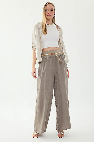 %100 Keten Halat Kemerli Geniş Paça Pantolon - 34