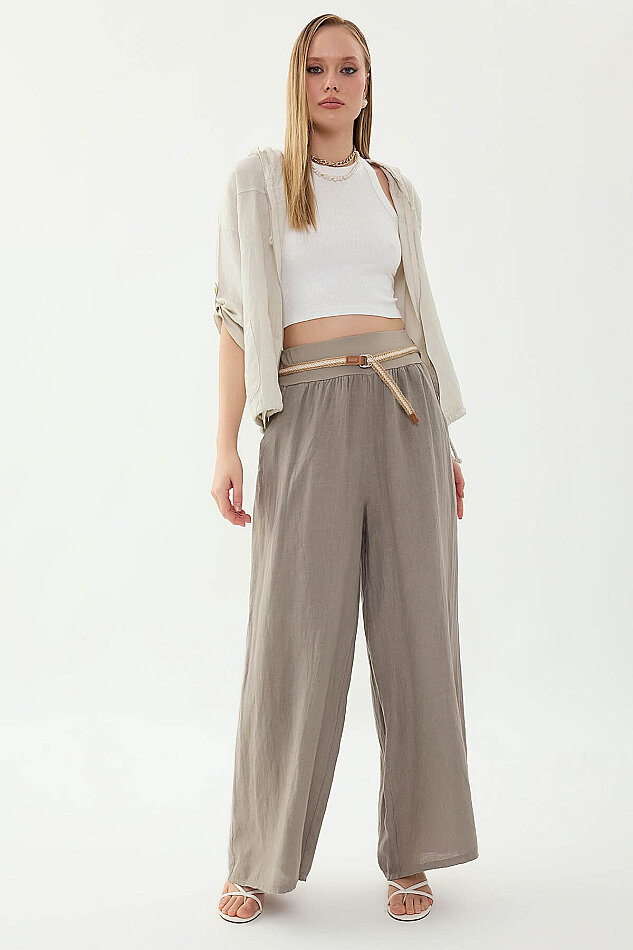 %100 Keten Halat Kemerli Geniş Paça Pantolon - 34