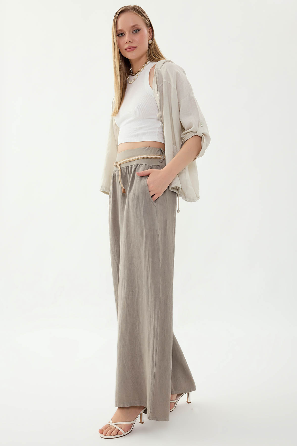 %100 Keten Halat Kemerli Geniş Paça Pantolon - Thumbnail