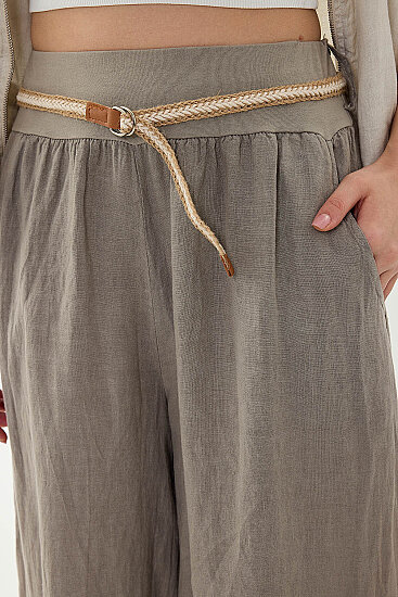 %100 Keten Halat Kemerli Geniş Paça Pantolon - 37