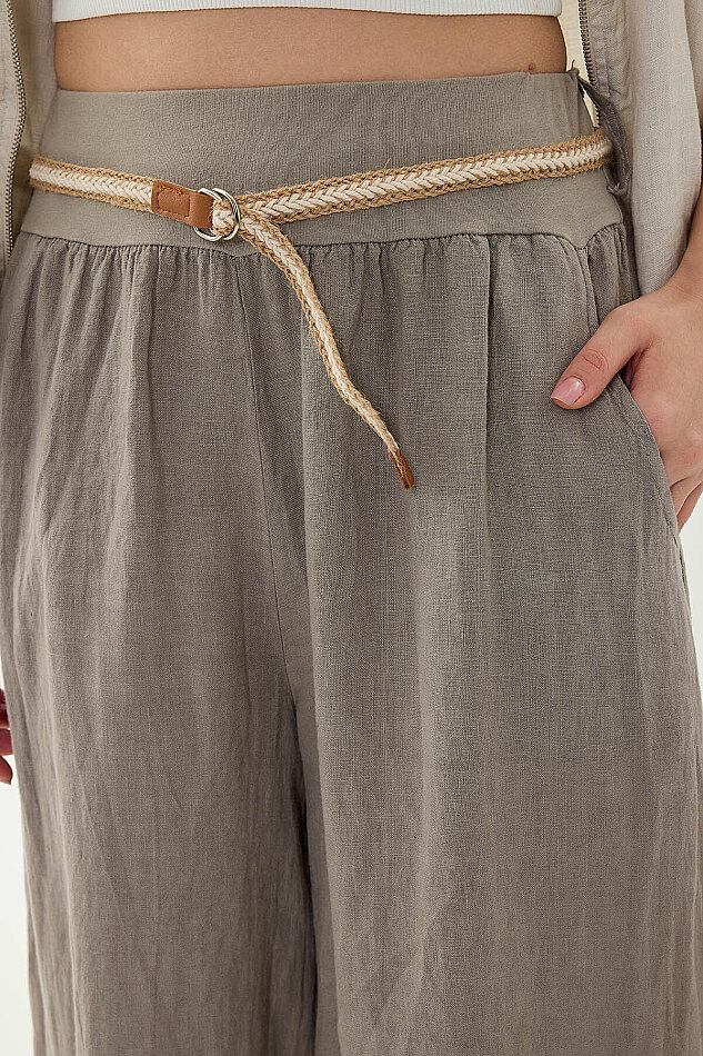 %100 Keten Halat Kemerli Geniş Paça Pantolon - 37