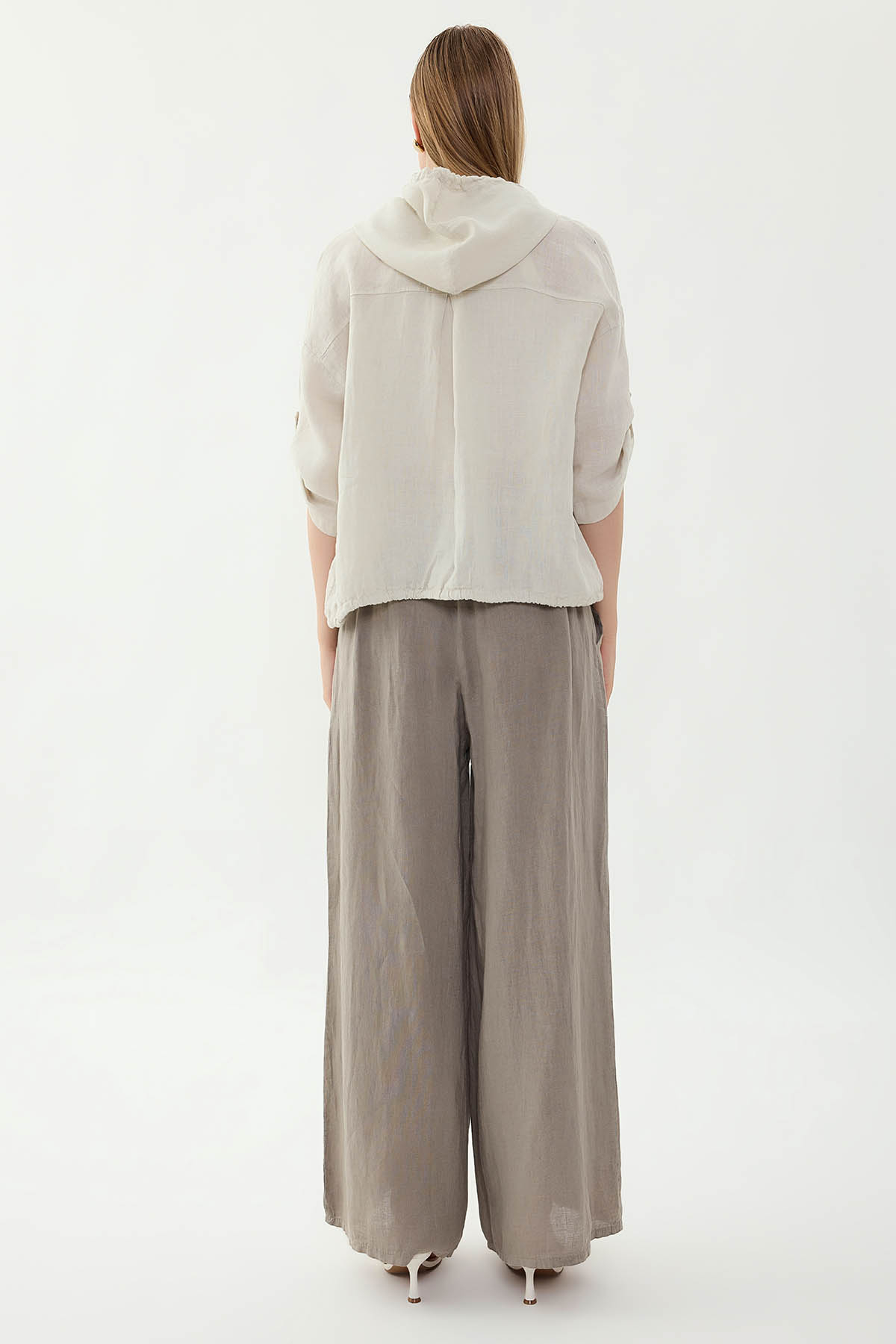 %100 Keten Halat Kemerli Geniş Paça Pantolon - Thumbnail