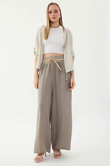 %100 Keten Halat Kemerli Geniş Paça Pantolon - 38