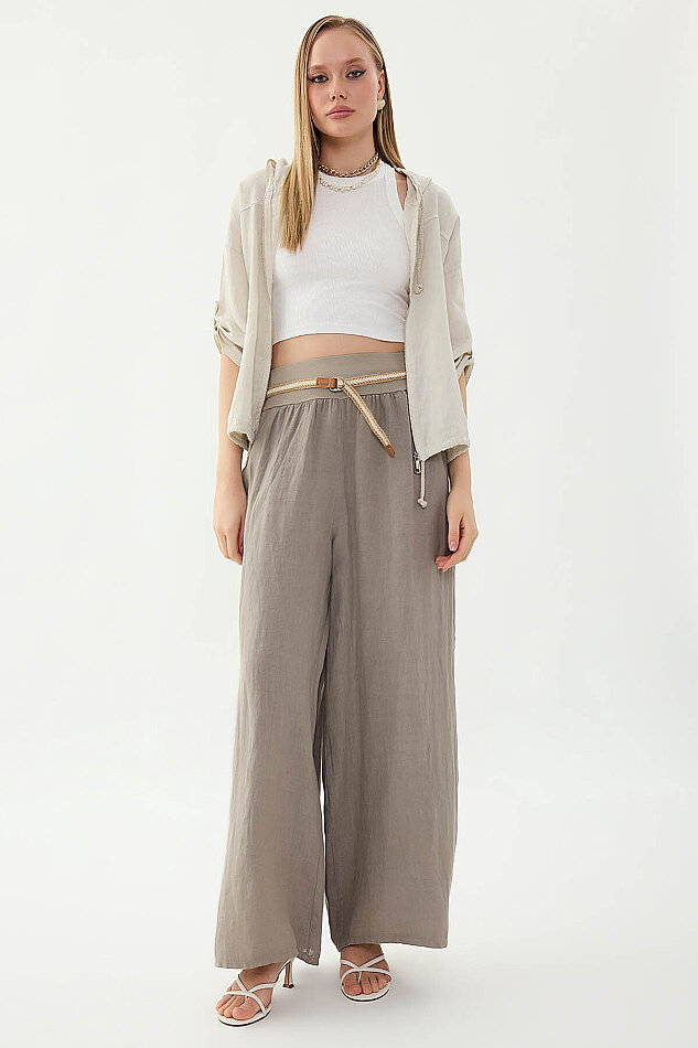 %100 Keten Halat Kemerli Geniş Paça Pantolon - 38