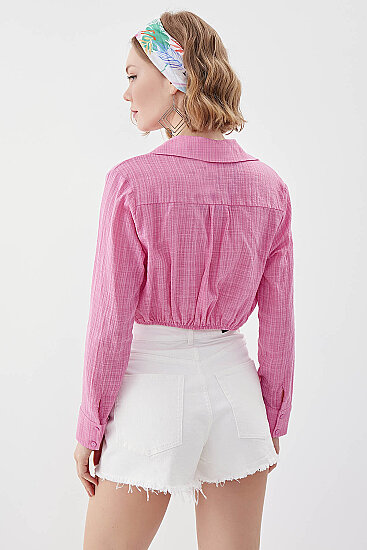 Beli Halka Detaylı V Yaka Lastikli Crop Bluz - 10