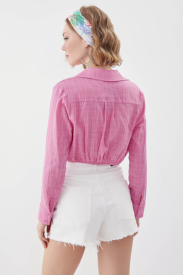 Beli Halka Detaylı V Yaka Lastikli Crop Bluz - 10