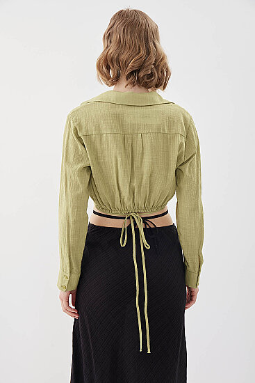 Beli Halka Detaylı V Yaka Lastikli Crop Bluz - 30